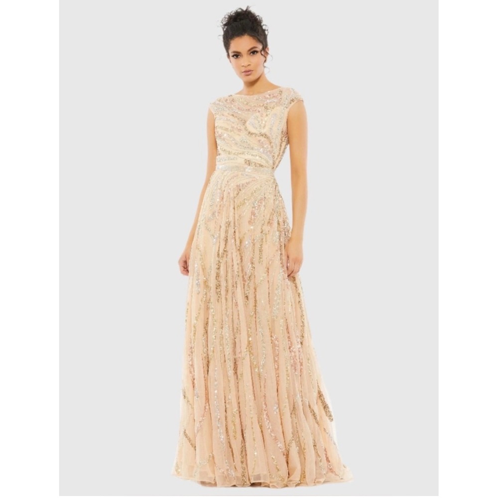 NWT Mac Duggal 5445 Embellished Tulle Gown Beige Multi Sequin Formal Dress Sz 14